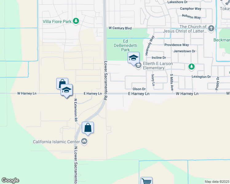 map of restaurants, bars, coffee shops, grocery stores, and more near 829 East Harney Lane in Lodi