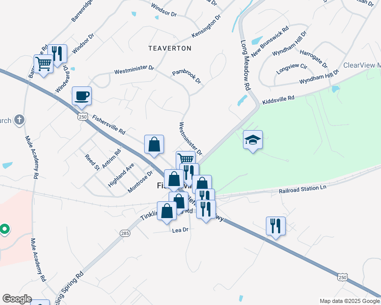 map of restaurants, bars, coffee shops, grocery stores, and more near 9 Bolton Place in Fishersville