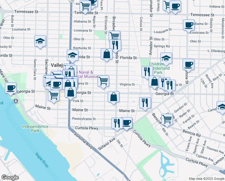 map of restaurants, bars, coffee shops, grocery stores, and more near 515 Alameda Street in Vallejo