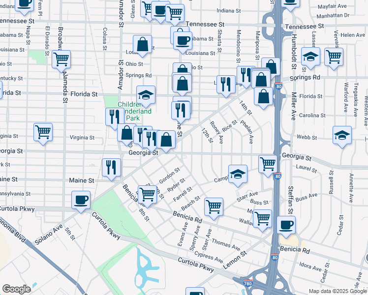 map of restaurants, bars, coffee shops, grocery stores, and more near 128 Tuolumne Street in Vallejo