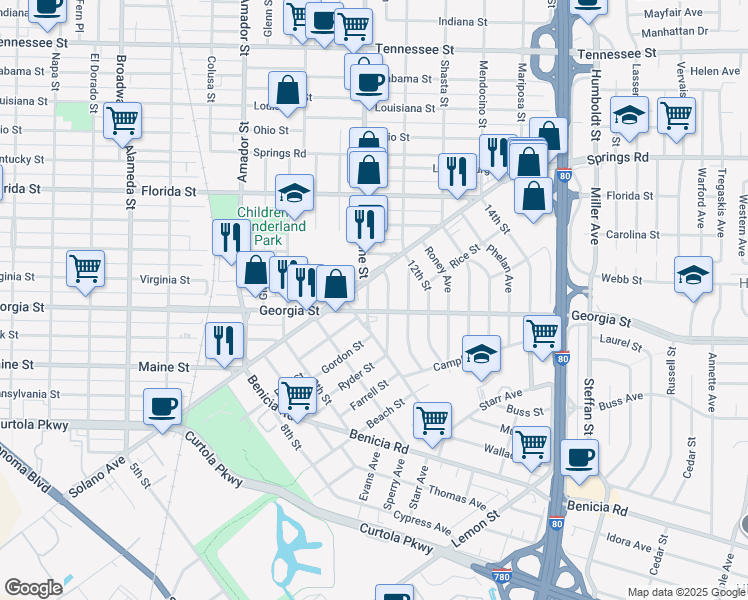 map of restaurants, bars, coffee shops, grocery stores, and more near 128 Tuolumne Street in Vallejo