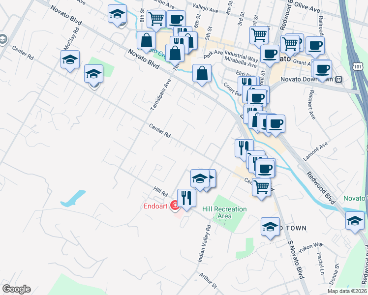 map of restaurants, bars, coffee shops, grocery stores, and more near 1631 Center Road in Novato