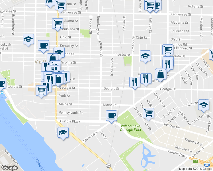 map of restaurants, bars, coffee shops, grocery stores, and more near 427 Monterey Street in Vallejo