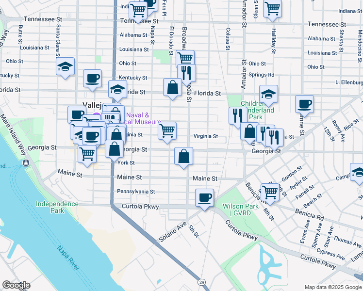 map of restaurants, bars, coffee shops, grocery stores, and more near in Vallejo