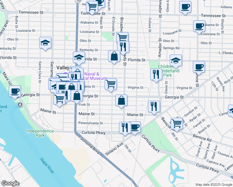 map of restaurants, bars, coffee shops, grocery stores, and more near 620 El Dorado Street in Vallejo
