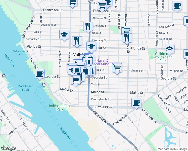 map of restaurants, bars, coffee shops, grocery stores, and more near 510 Georgia Street in Vallejo