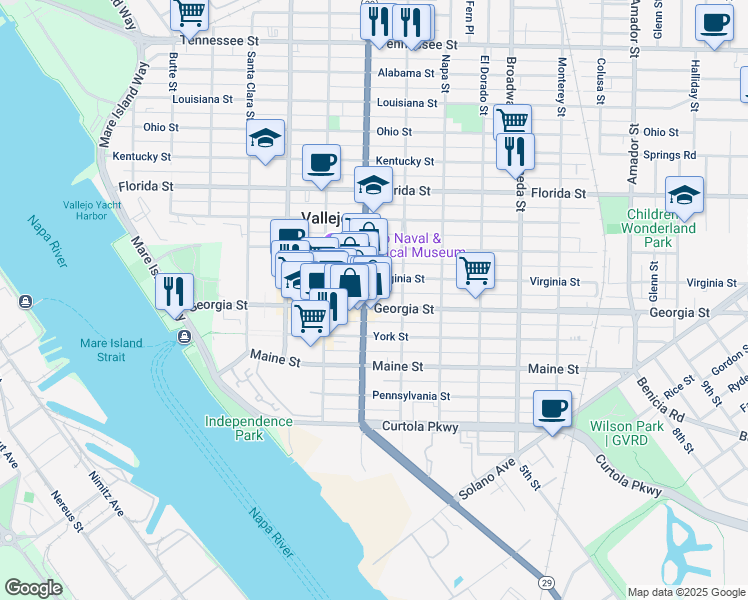 map of restaurants, bars, coffee shops, grocery stores, and more near 510 Georgia Street in Vallejo
