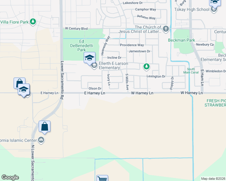 map of restaurants, bars, coffee shops, grocery stores, and more near 2074 Henderson Way in Lodi