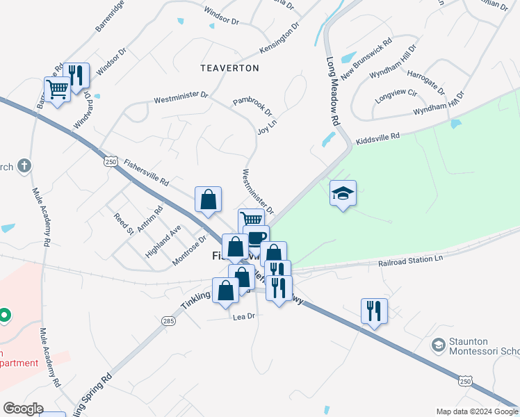 map of restaurants, bars, coffee shops, grocery stores, and more near 13 Bolton Place in Fishersville