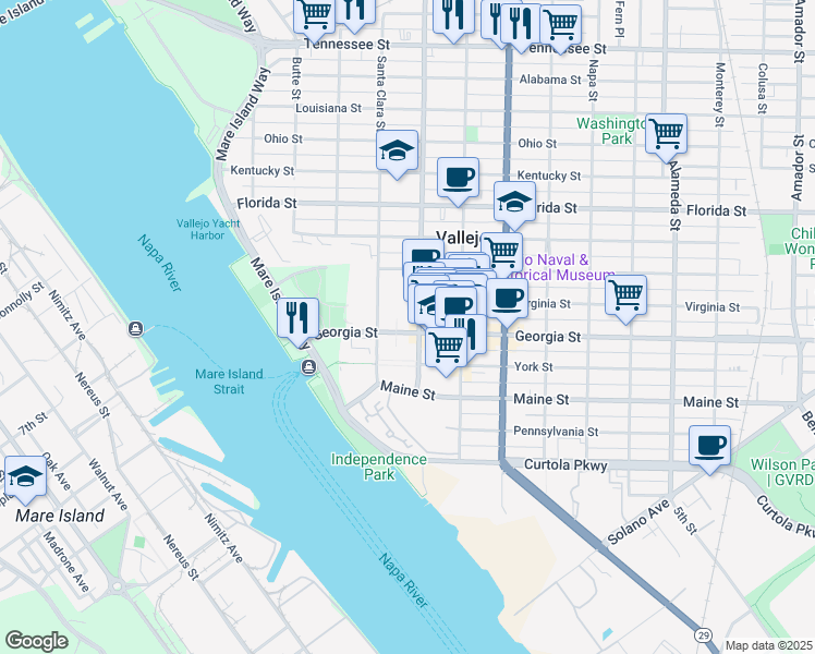 map of restaurants, bars, coffee shops, grocery stores, and more near 236 Georgia Street in Vallejo