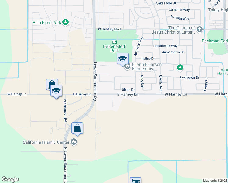 map of restaurants, bars, coffee shops, grocery stores, and more near 2328 Olson Drive in Lodi