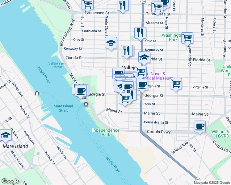 map of restaurants, bars, coffee shops, grocery stores, and more near 236 Georgia Street in Vallejo