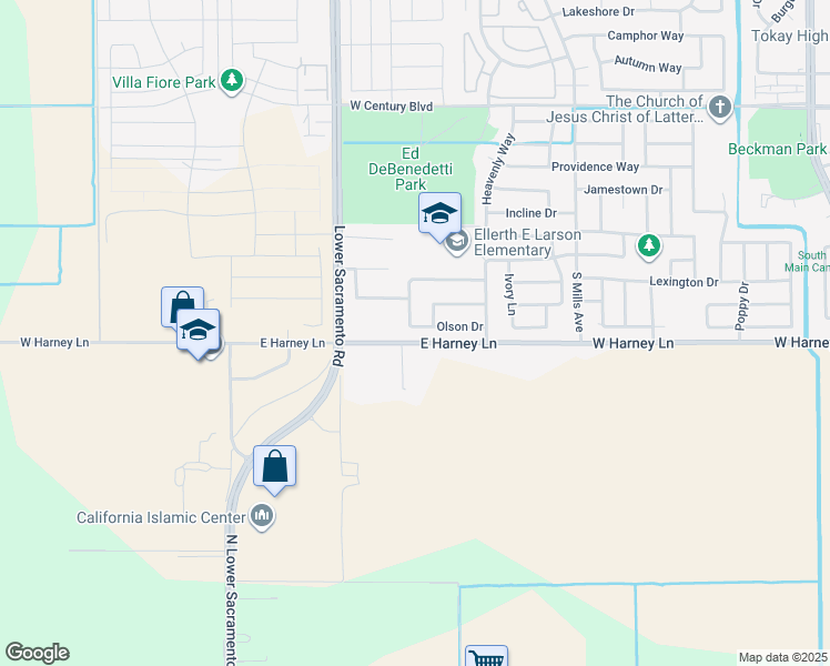 map of restaurants, bars, coffee shops, grocery stores, and more near 2328 Olson Drive in Lodi