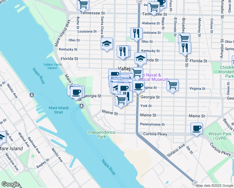 map of restaurants, bars, coffee shops, grocery stores, and more near 324 Georgia Street in Vallejo