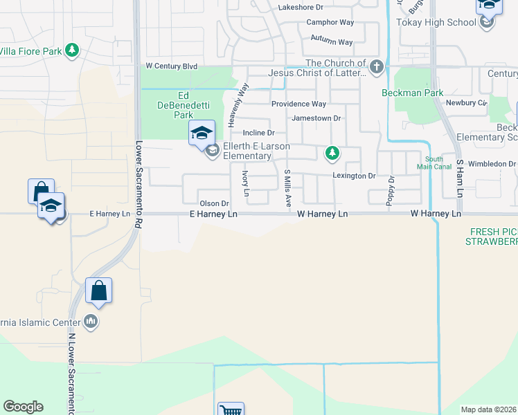 map of restaurants, bars, coffee shops, grocery stores, and more near 2074 Henderson Way in Lodi