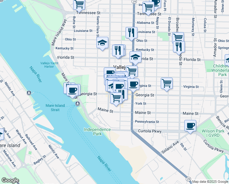 map of restaurants, bars, coffee shops, grocery stores, and more near 320 Georgia Street in Vallejo