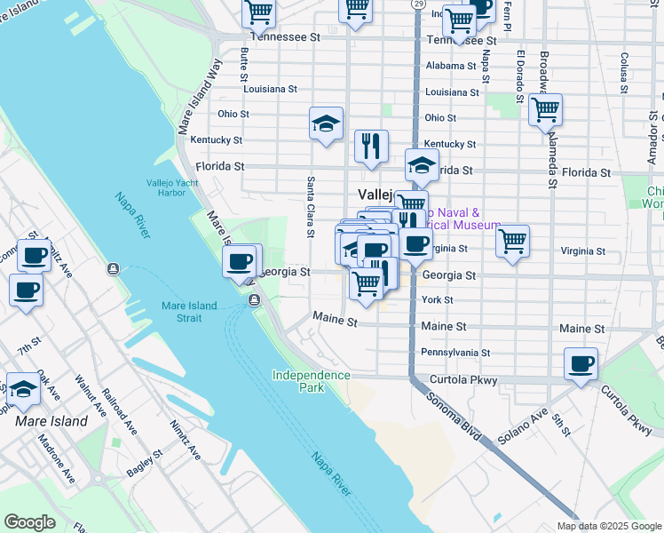 map of restaurants, bars, coffee shops, grocery stores, and more near 236 Georgia Street in Vallejo