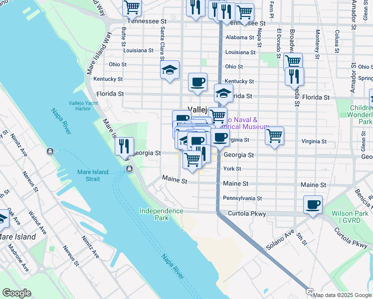 map of restaurants, bars, coffee shops, grocery stores, and more near 312 Georgia Street in Vallejo