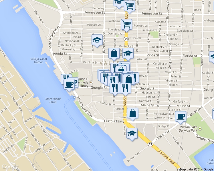 map of restaurants, bars, coffee shops, grocery stores, and more near 320 Georgia Street in Vallejo