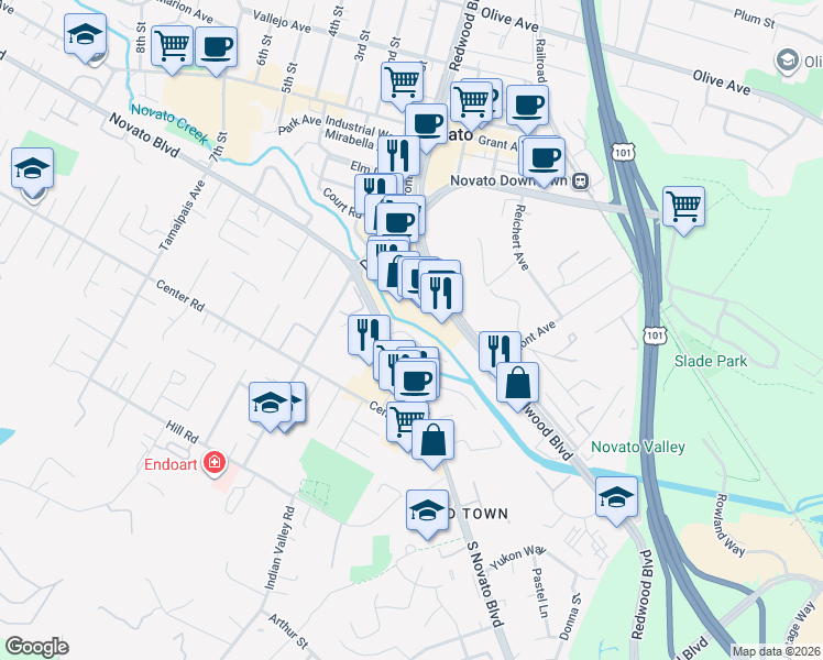 map of restaurants, bars, coffee shops, grocery stores, and more near 7 Nave Court in Novato