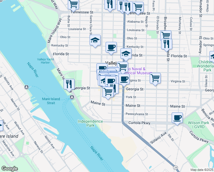 map of restaurants, bars, coffee shops, grocery stores, and more near 324 Georgia Street in Vallejo