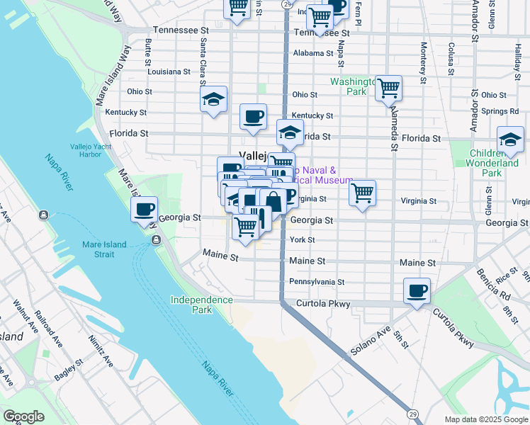 map of restaurants, bars, coffee shops, grocery stores, and more near 414 Indian Al in Vallejo