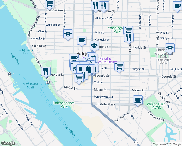 map of restaurants, bars, coffee shops, grocery stores, and more near 510 Georgia Street in Vallejo