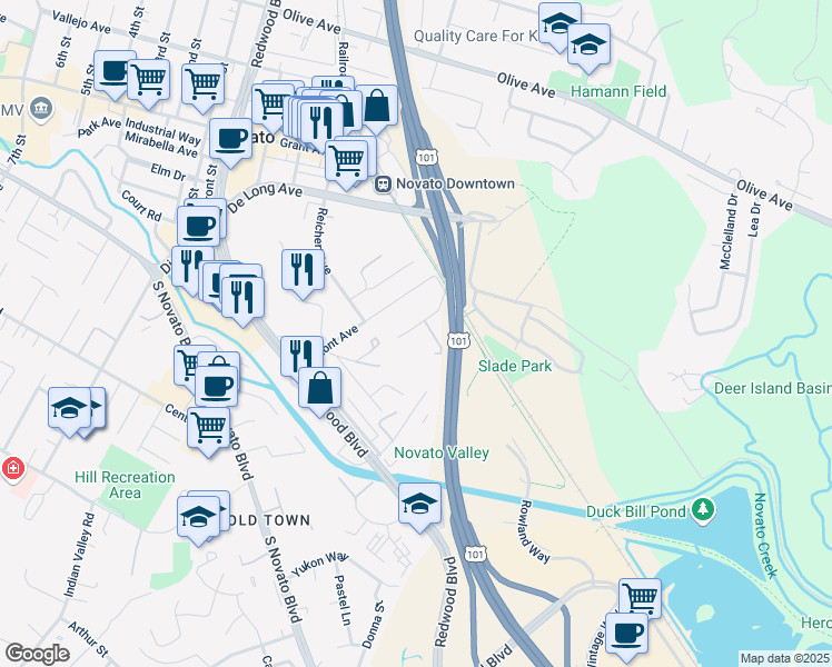 map of restaurants, bars, coffee shops, grocery stores, and more near 721 Alice Street in Novato