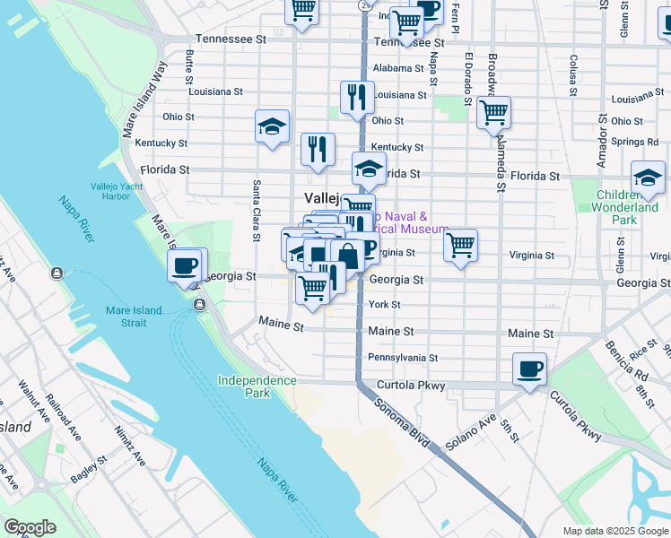 map of restaurants, bars, coffee shops, grocery stores, and more near 414 Indian Al in Vallejo