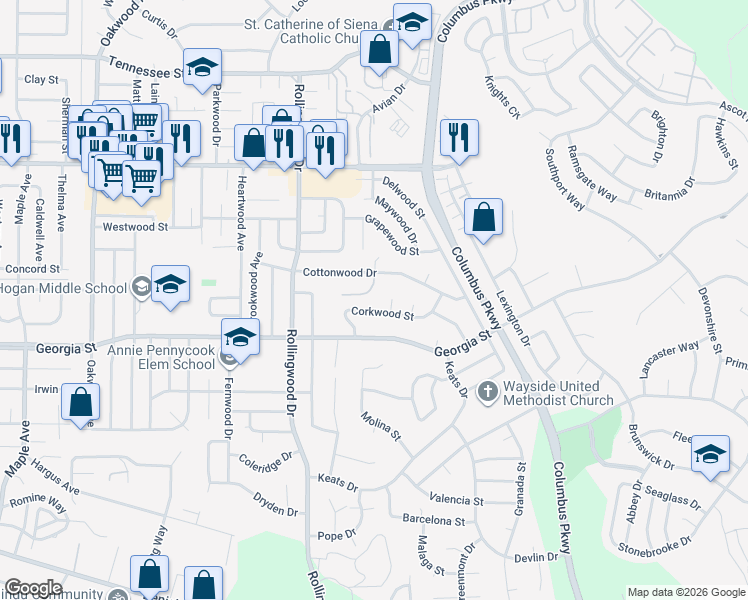 map of restaurants, bars, coffee shops, grocery stores, and more near 236 Corkwood Street in Vallejo