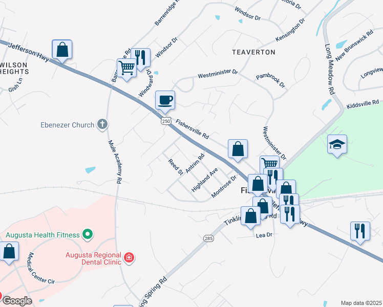 map of restaurants, bars, coffee shops, grocery stores, and more near 25 Antrim Road in Fishersville