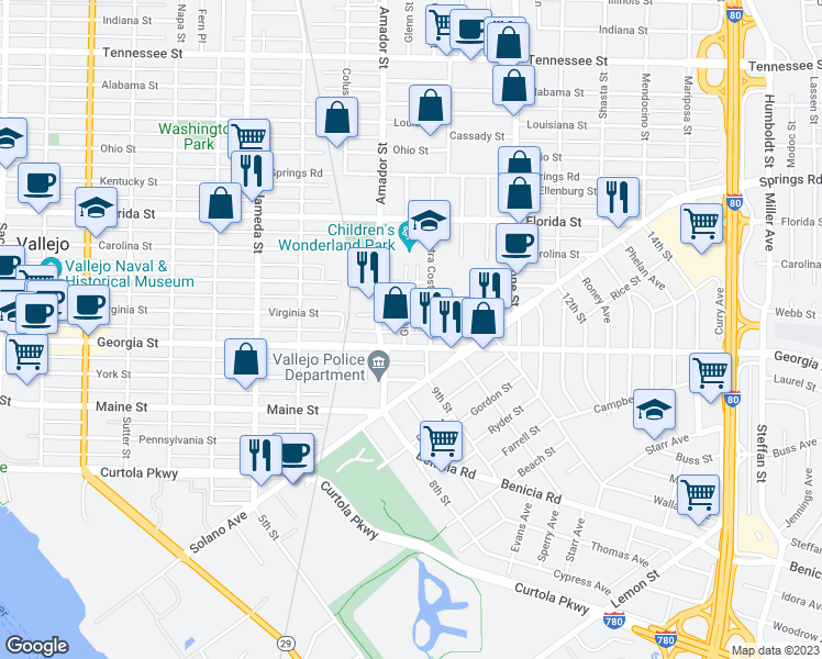 map of restaurants, bars, coffee shops, grocery stores, and more near 22 Glenn Street in Vallejo
