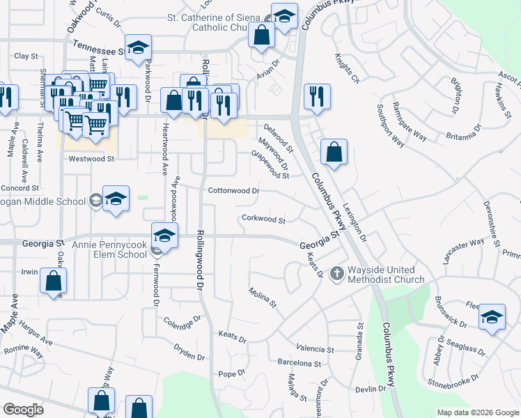 map of restaurants, bars, coffee shops, grocery stores, and more near 236 Corkwood Street in Vallejo