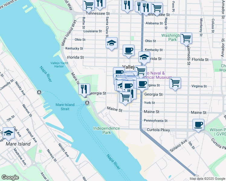 map of restaurants, bars, coffee shops, grocery stores, and more near 236 Georgia Street in Vallejo