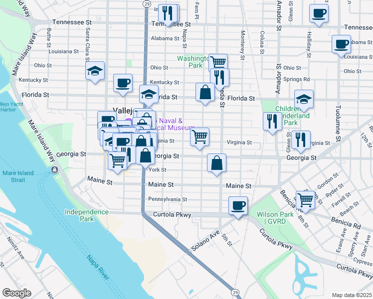 map of restaurants, bars, coffee shops, grocery stores, and more near 706 Napa Street in Vallejo