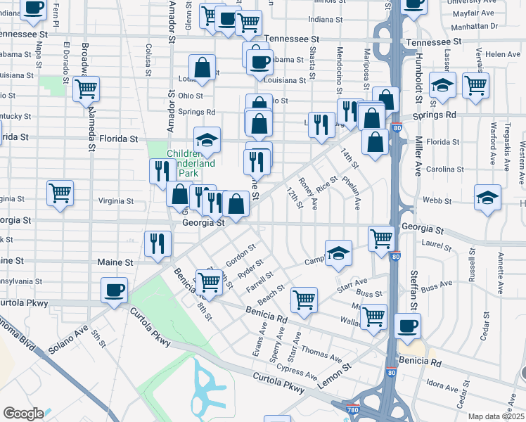 map of restaurants, bars, coffee shops, grocery stores, and more near 140 Tuolumne Street in Vallejo