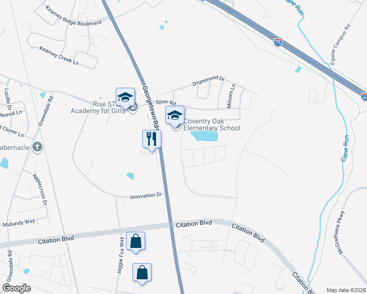 map of restaurants, bars, coffee shops, grocery stores, and more near 2440 Huntly Pl in Lexington