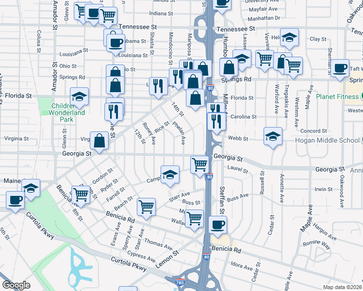 map of restaurants, bars, coffee shops, grocery stores, and more near 217 Phelan Avenue in Vallejo