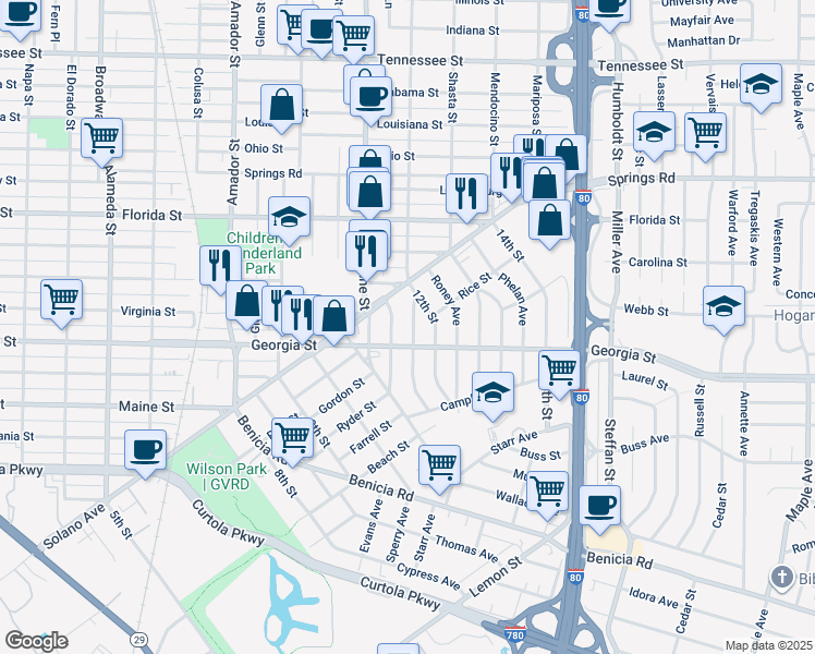 map of restaurants, bars, coffee shops, grocery stores, and more near 219 Gleason Avenue in Vallejo