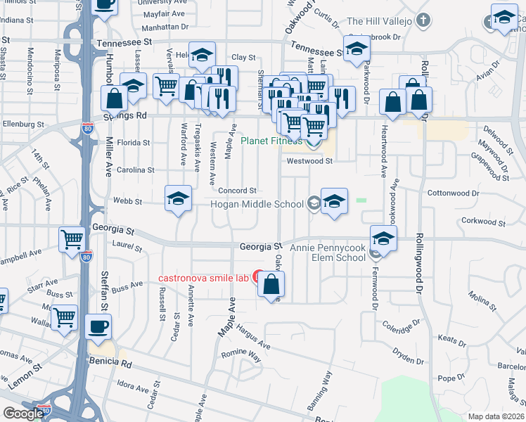 map of restaurants, bars, coffee shops, grocery stores, and more near 869 Oakwood Avenue in Vallejo