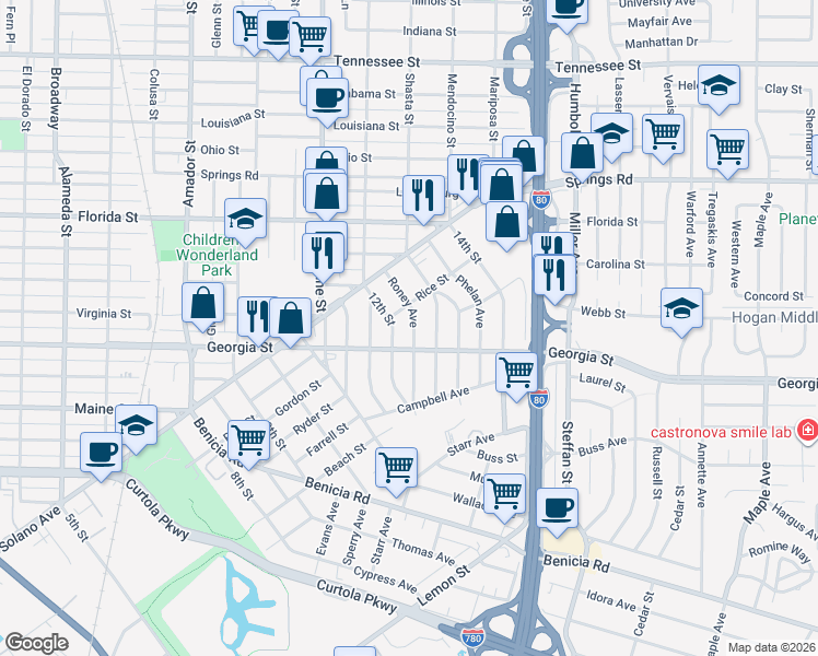 map of restaurants, bars, coffee shops, grocery stores, and more near 216 12th Street in Vallejo