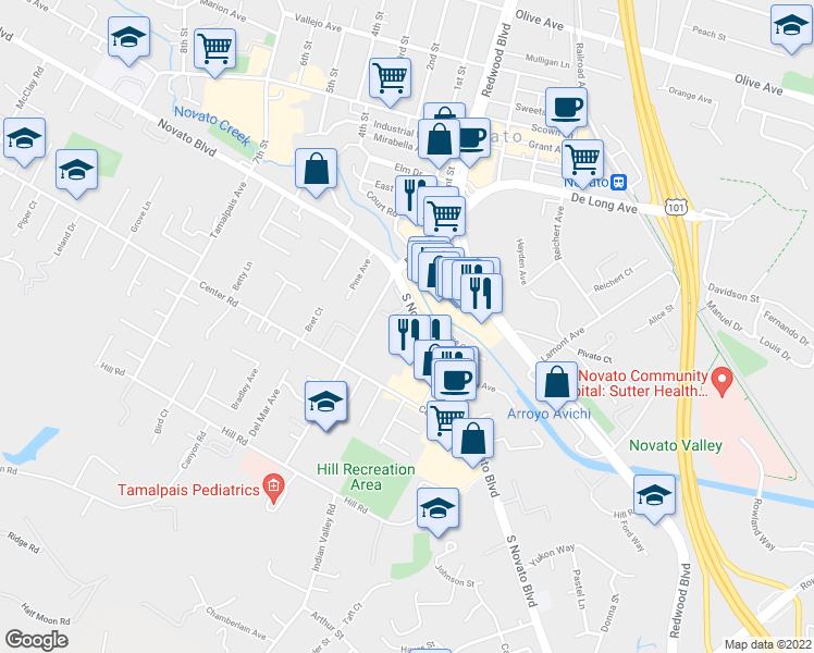 map of restaurants, bars, coffee shops, grocery stores, and more near 1587 South Novato Boulevard in Novato