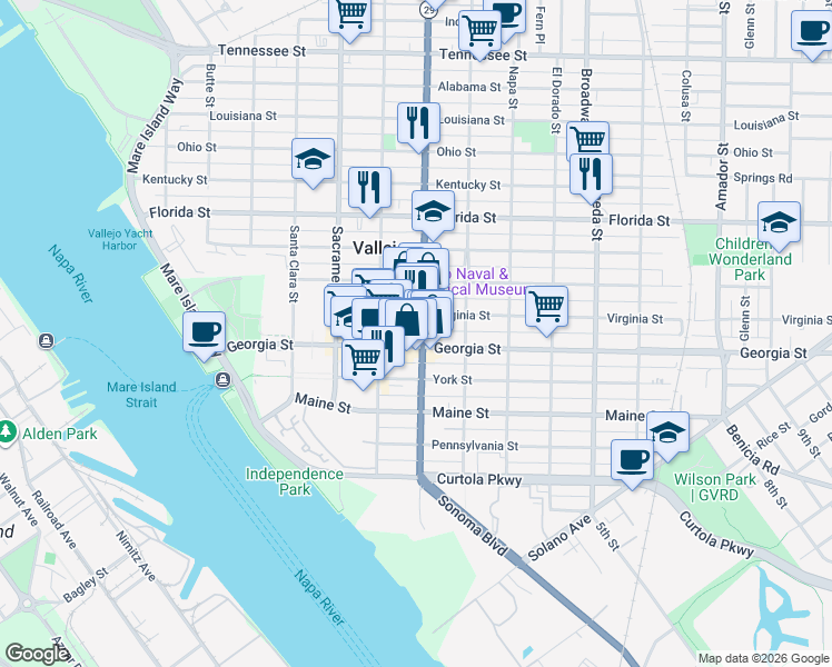 map of restaurants, bars, coffee shops, grocery stores, and more near 510 Georgia Street in Vallejo