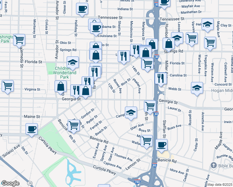 map of restaurants, bars, coffee shops, grocery stores, and more near 216 12th Street in Vallejo