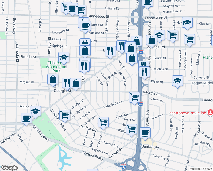 map of restaurants, bars, coffee shops, grocery stores, and more near 216 12th Street in Vallejo