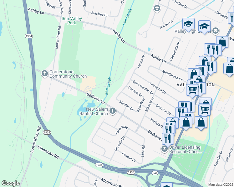 map of restaurants, bars, coffee shops, grocery stores, and more near 9616 Janna Drive in Louisville