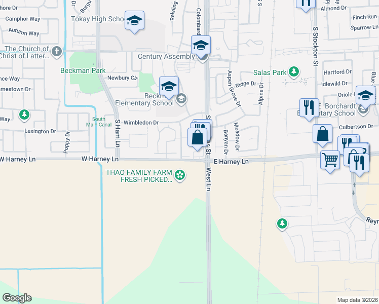map of restaurants, bars, coffee shops, grocery stores, and more near 2524 Winchester Street in Lodi