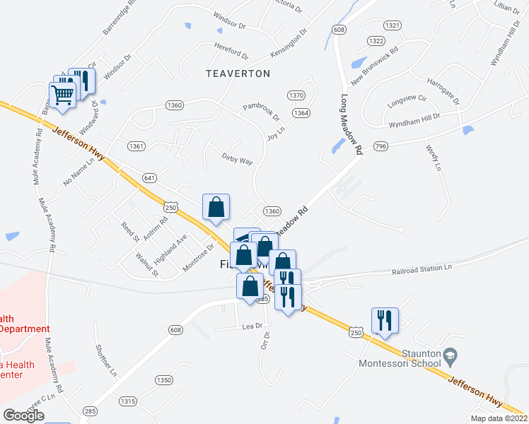 map of restaurants, bars, coffee shops, grocery stores, and more near 14 Bolton Place in Fishersville
