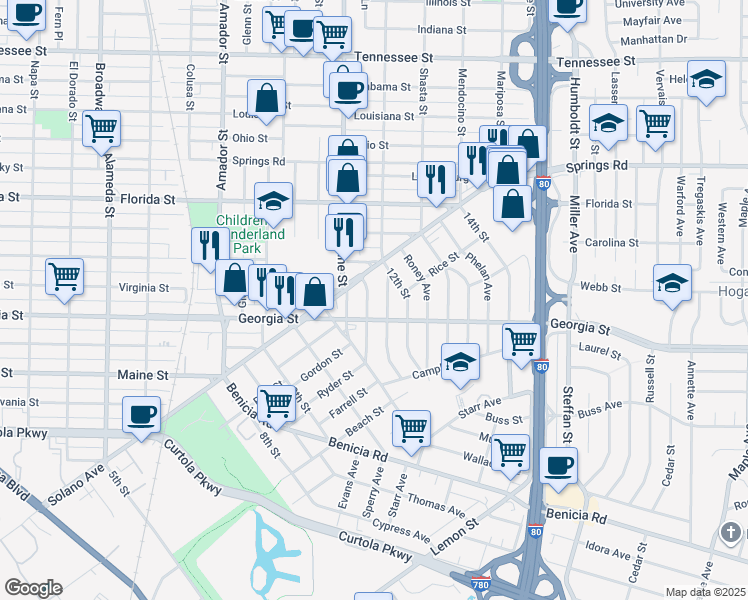 map of restaurants, bars, coffee shops, grocery stores, and more near 228 Perkins Avenue in Vallejo