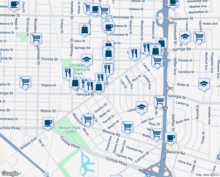 map of restaurants, bars, coffee shops, grocery stores, and more near 142 Tuolumne Street in Vallejo